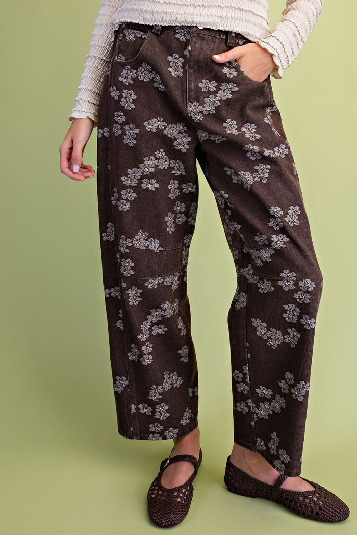 Espresso Floral Jacquard Barrel Pants
