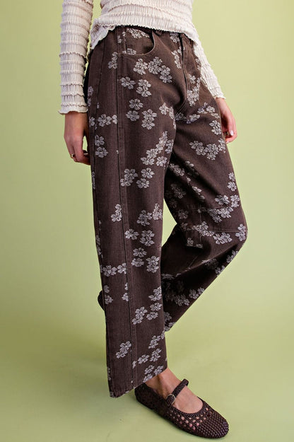 Espresso Floral Jacquard Barrel Pants