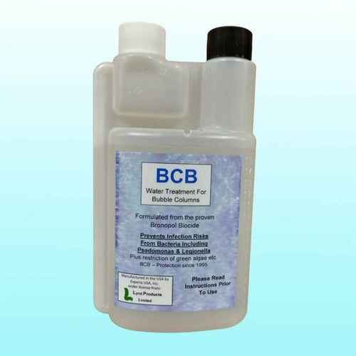 Experia BCB Bubble Tube Water Treatment Fluid bottle close-up, showing the specially formulated anti-bacterial and algae prevention fluid for Experia sensory bubble tubes