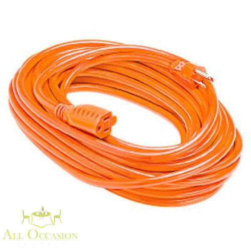 100' orange extension cord, ideal for event rentals in Corona, power distribution for parties and wedding setups.