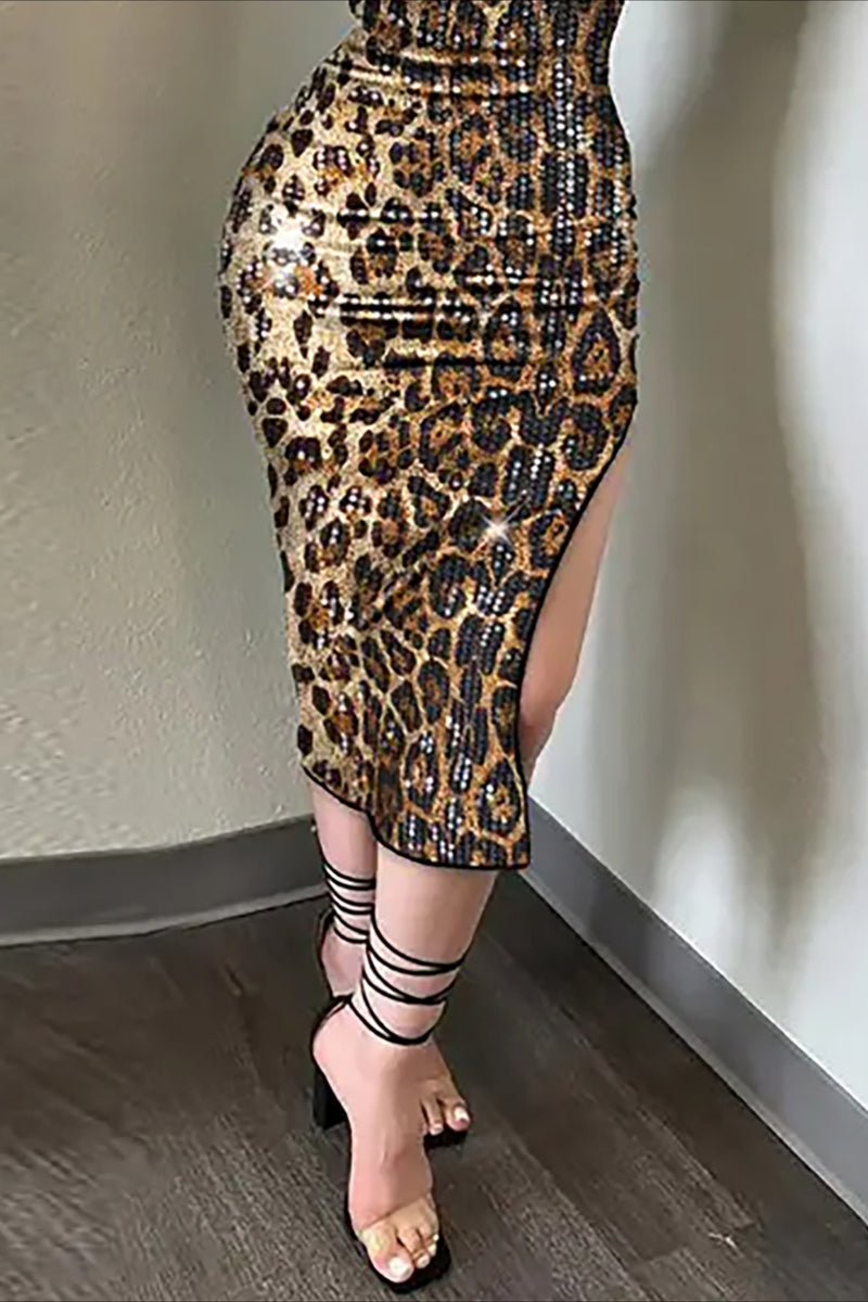 Fashion Sexy Leopard Print Bodycon Backless Spaghetti Strap Midi Dress