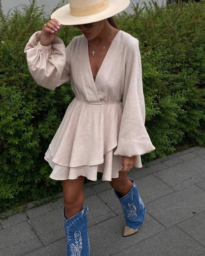 Fashion Solid Color Waist Cinching Mini Dress