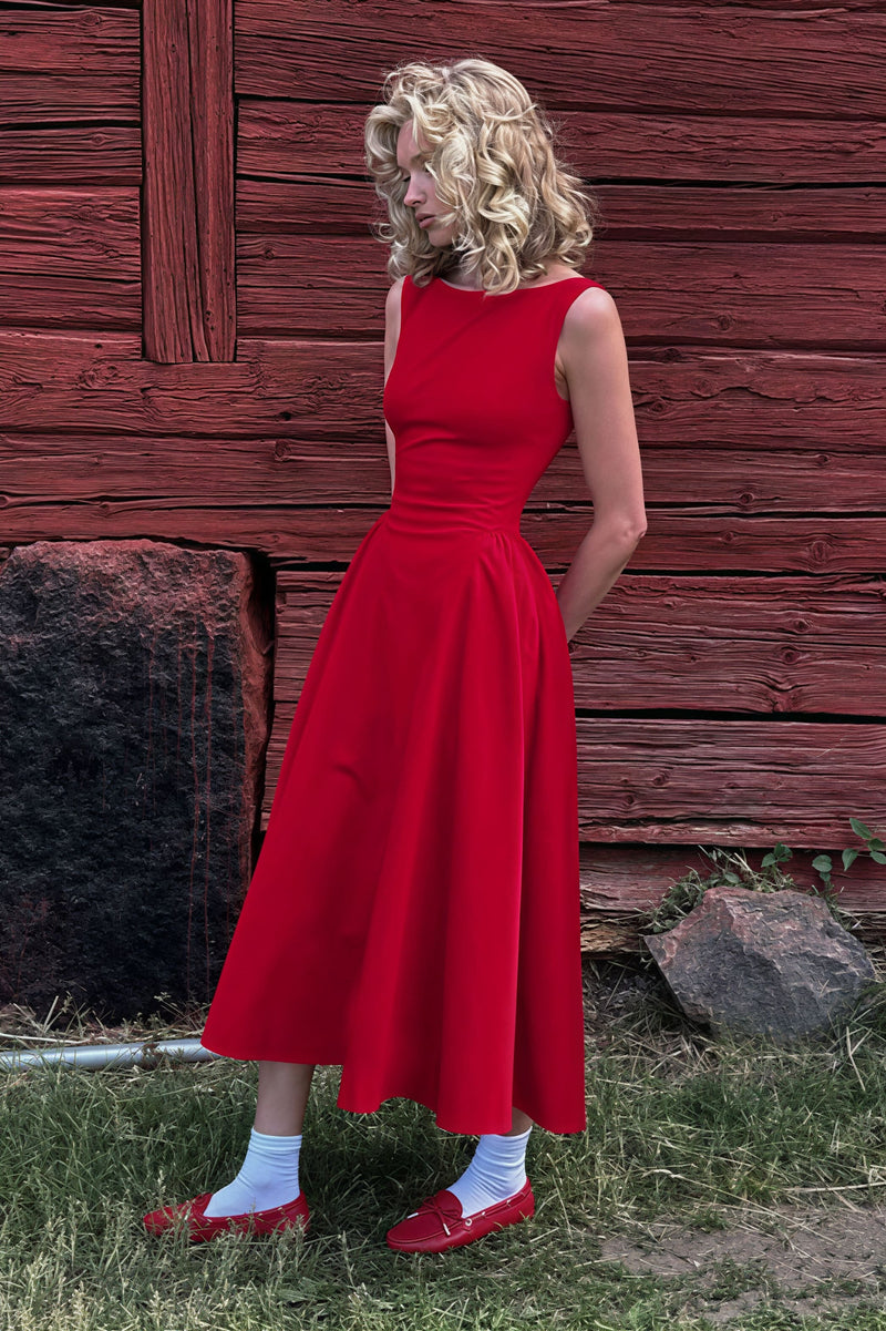 Fashion Solid Sleeveless Waisted Slim Midi Dress