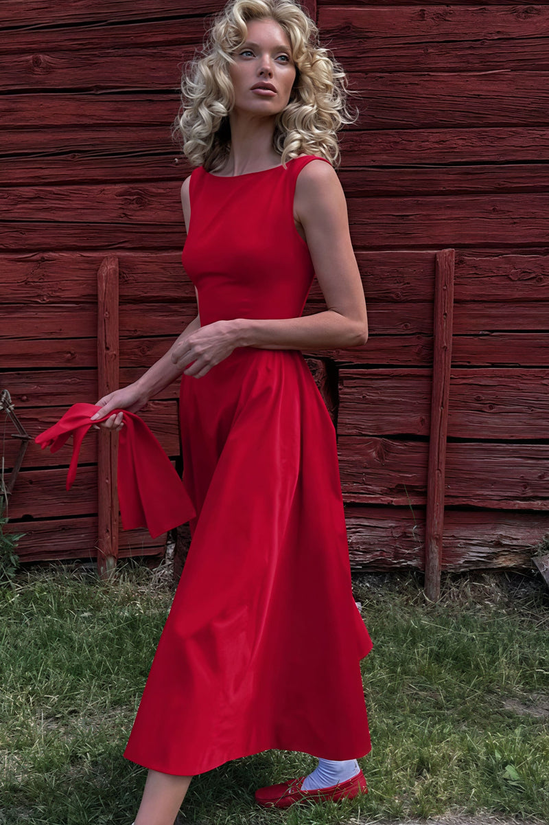 Fashion Solid Sleeveless Waisted Slim Midi Dress