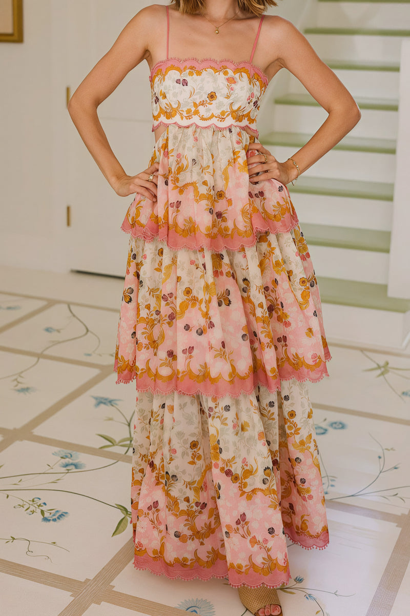 Fashion Tiered Spaghetti Strap Tassel Cutout Waist Embroidered Maxi Dress
