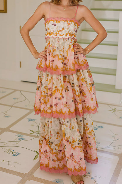 Fashion Tiered Spaghetti Strap Tassel Cutout Waist Embroidered Maxi Dress
