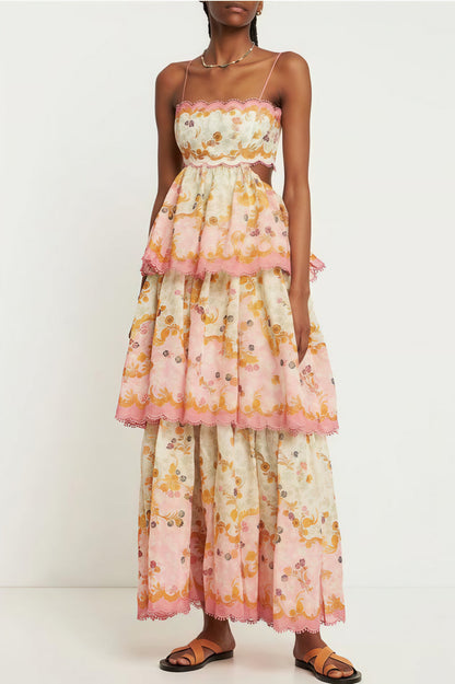 Fashion Tiered Spaghetti Strap Tassel Cutout Waist Embroidered Maxi Dress