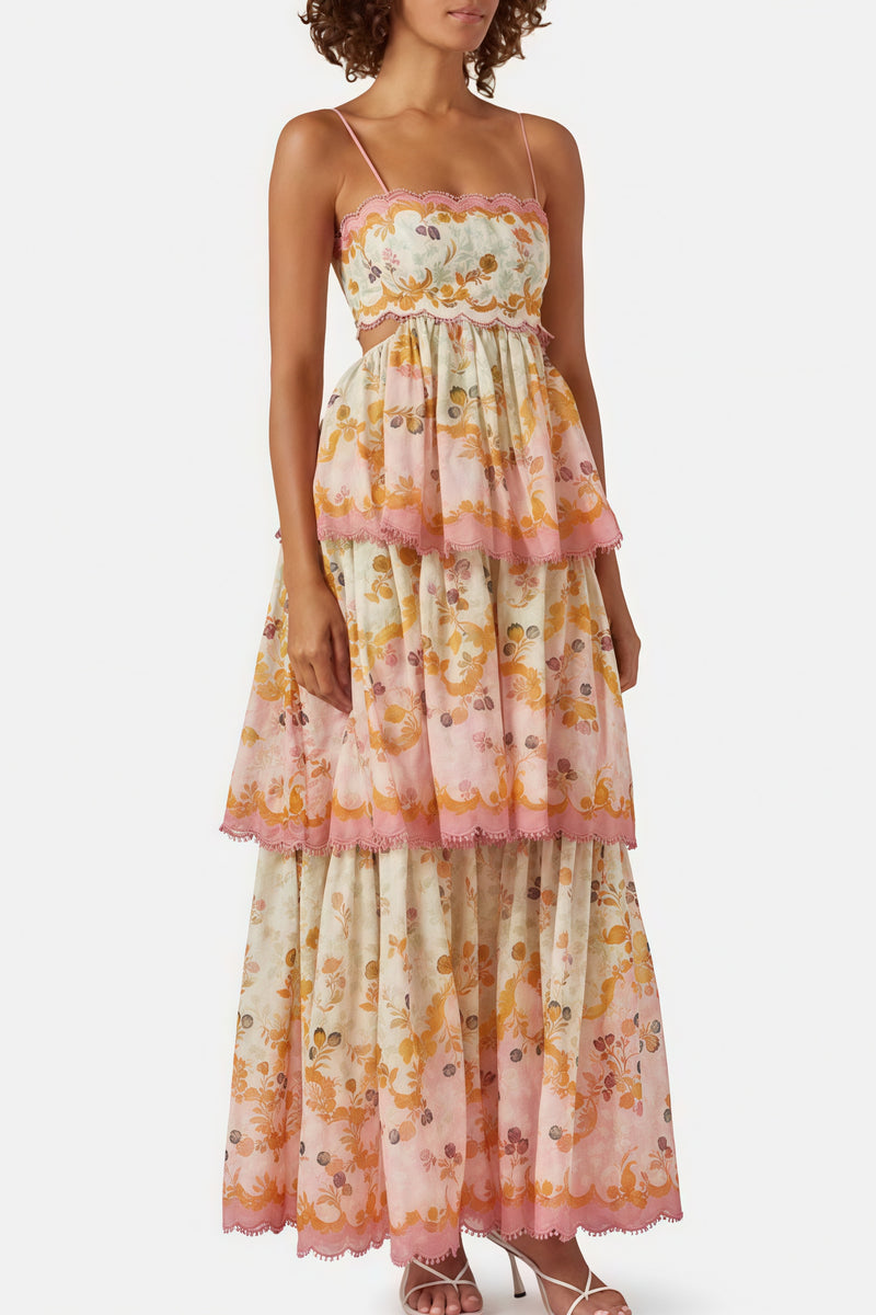 Fashion Tiered Spaghetti Strap Tassel Cutout Waist Embroidered Maxi Dress