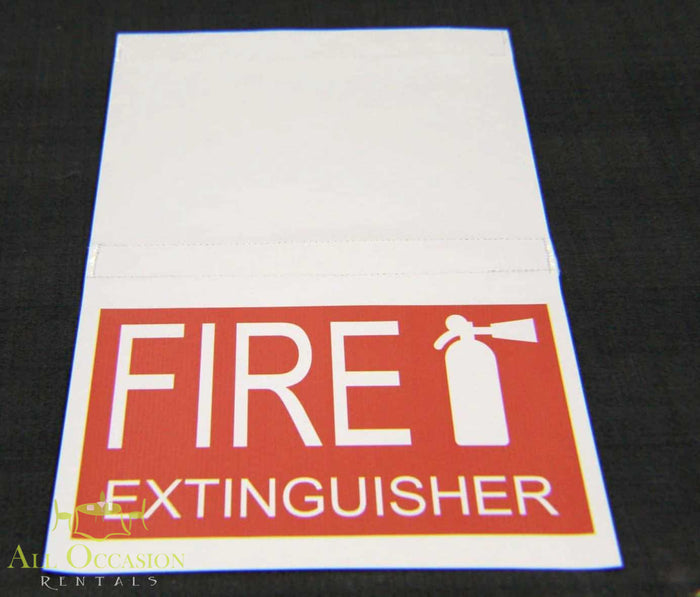 Fire Extinguisher Sign displayed on a safety signage holder for events.