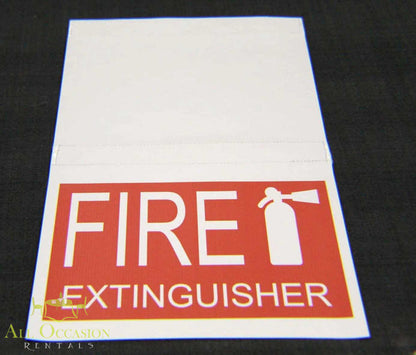 Fire Extinguisher Sign displayed on a safety signage holder for events.