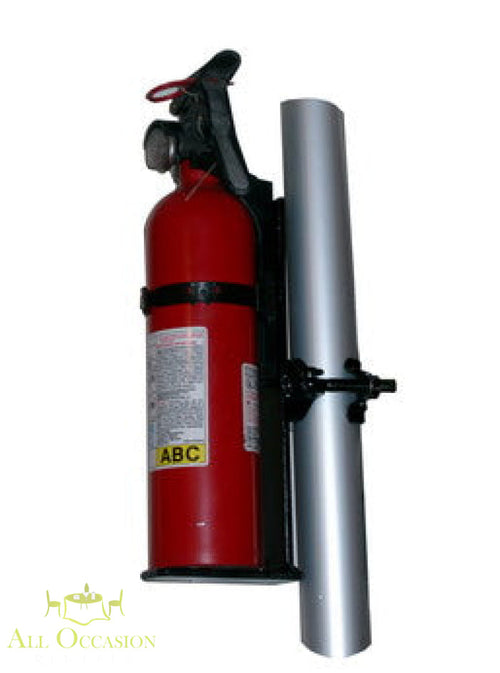 Fire extinguisher with the holder for a tent mounted on a support pole, ensuring safety compliance for events.
