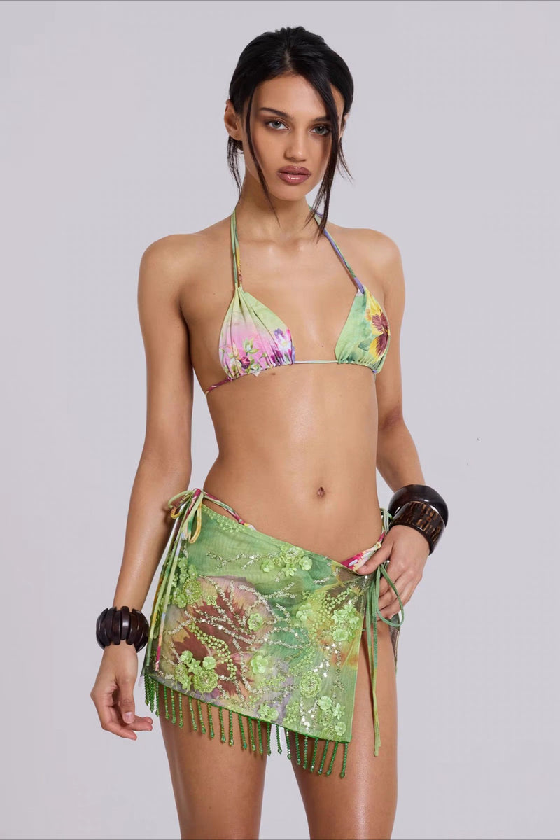 Floral Bead Sequin Three Piece Swim Set