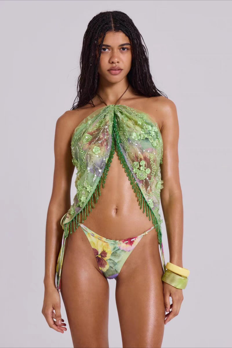 Floral Bead Sequin Three Piece Swim Set