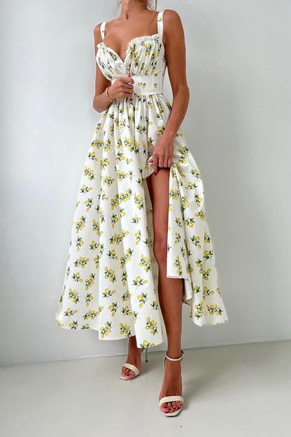 Floral Cami Tie High Waist Slit Midi Dress