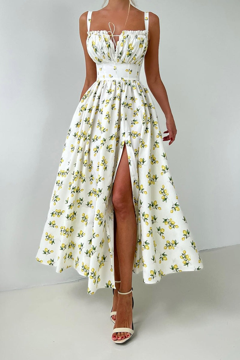 Floral Cami Tie High Waist Slit Midi Dress