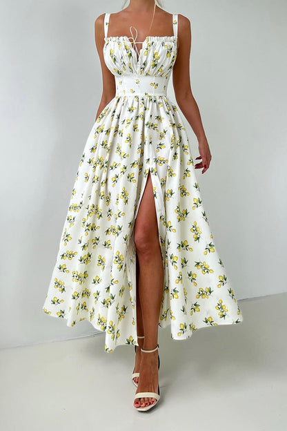 Floral Cami Tie High Waist Slit Midi Dress