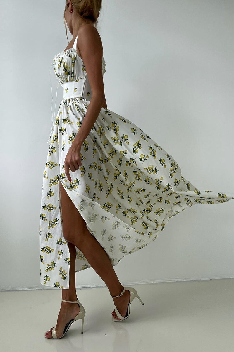 Floral Cami Tie High Waist Slit Midi Dress