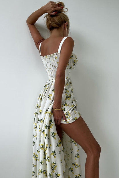 Floral Cami Tie High Waist Slit Midi Dress