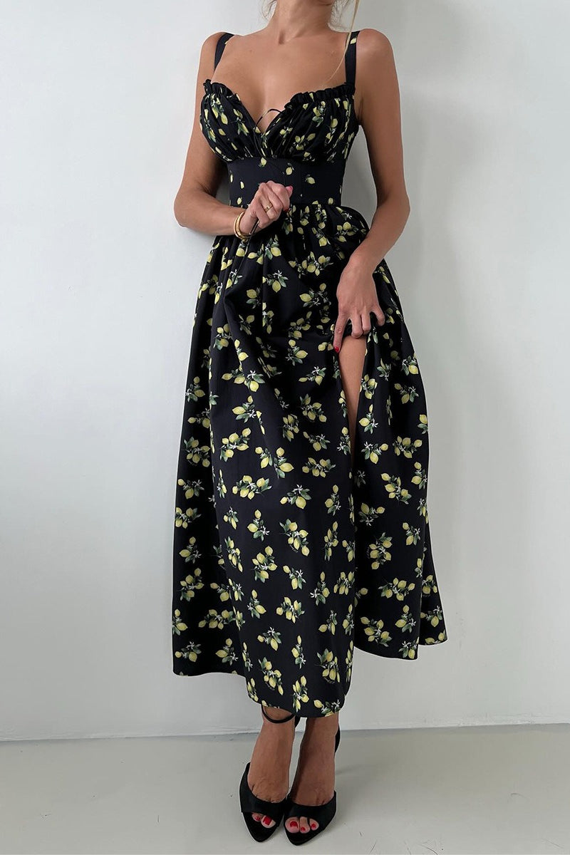 Floral Cami Tie High Waist Slit Midi Dress