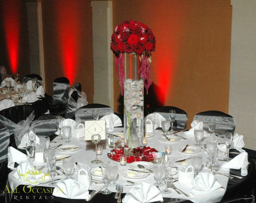Floral Centerpiece Rental Design 67 featuring elegant red rose arrangement on table for events.