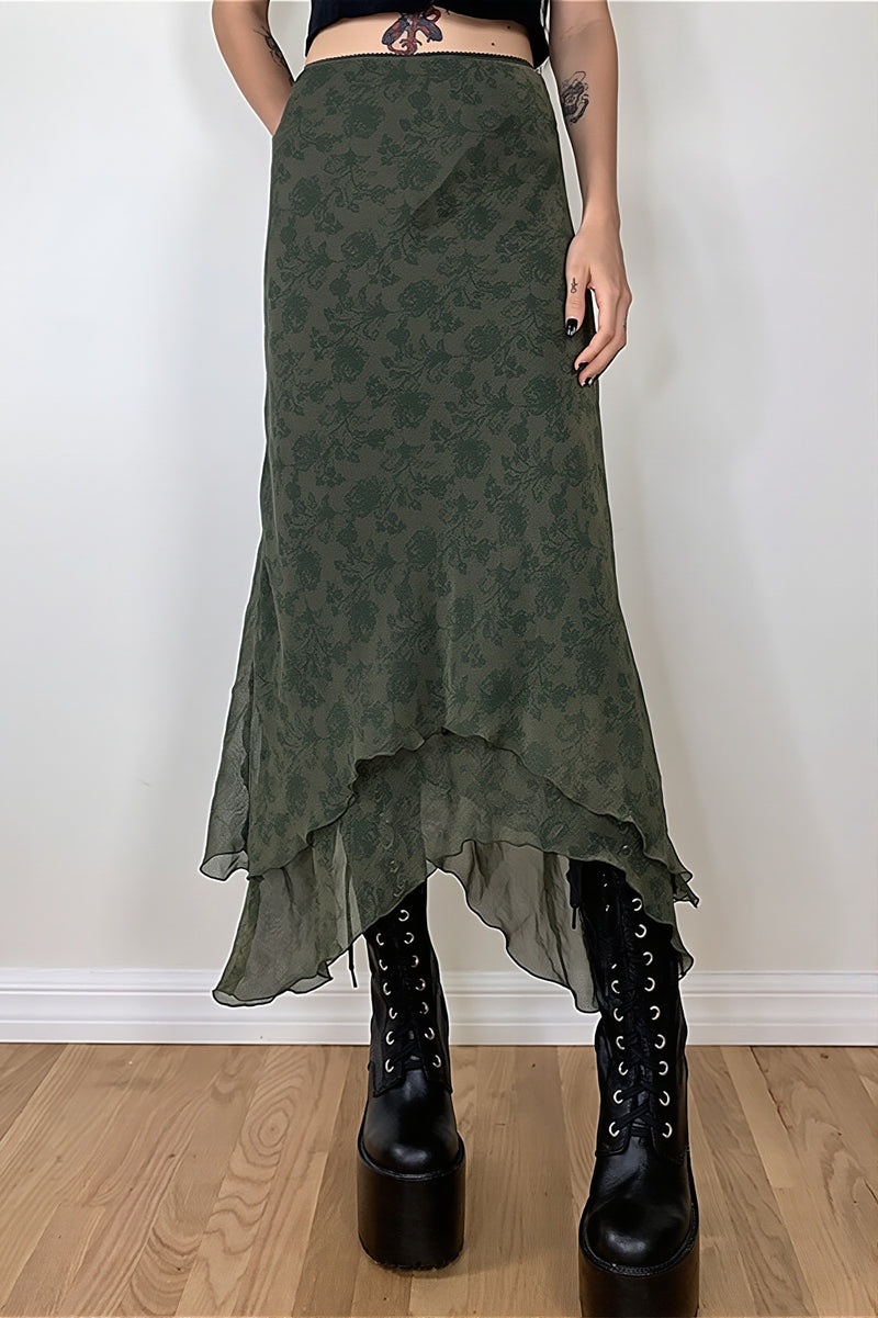 Floral Green Chiffon Irregular Maxi Skirt
