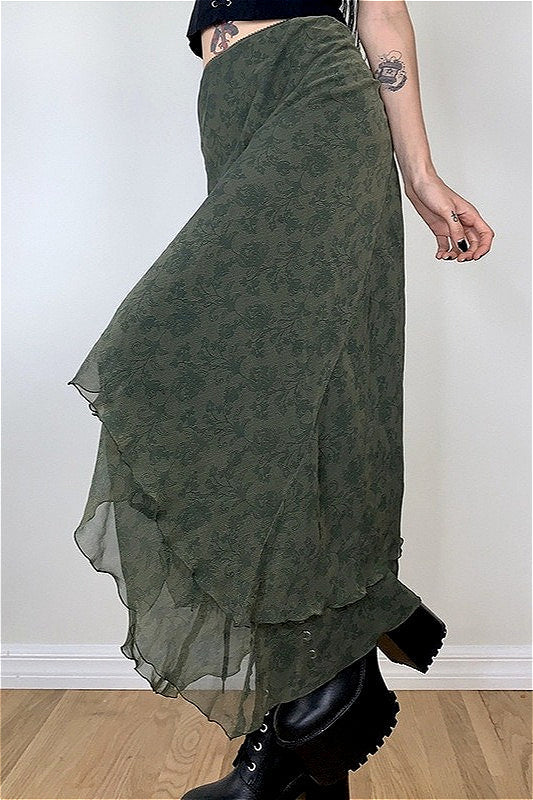 Floral Green Chiffon Irregular Maxi Skirt