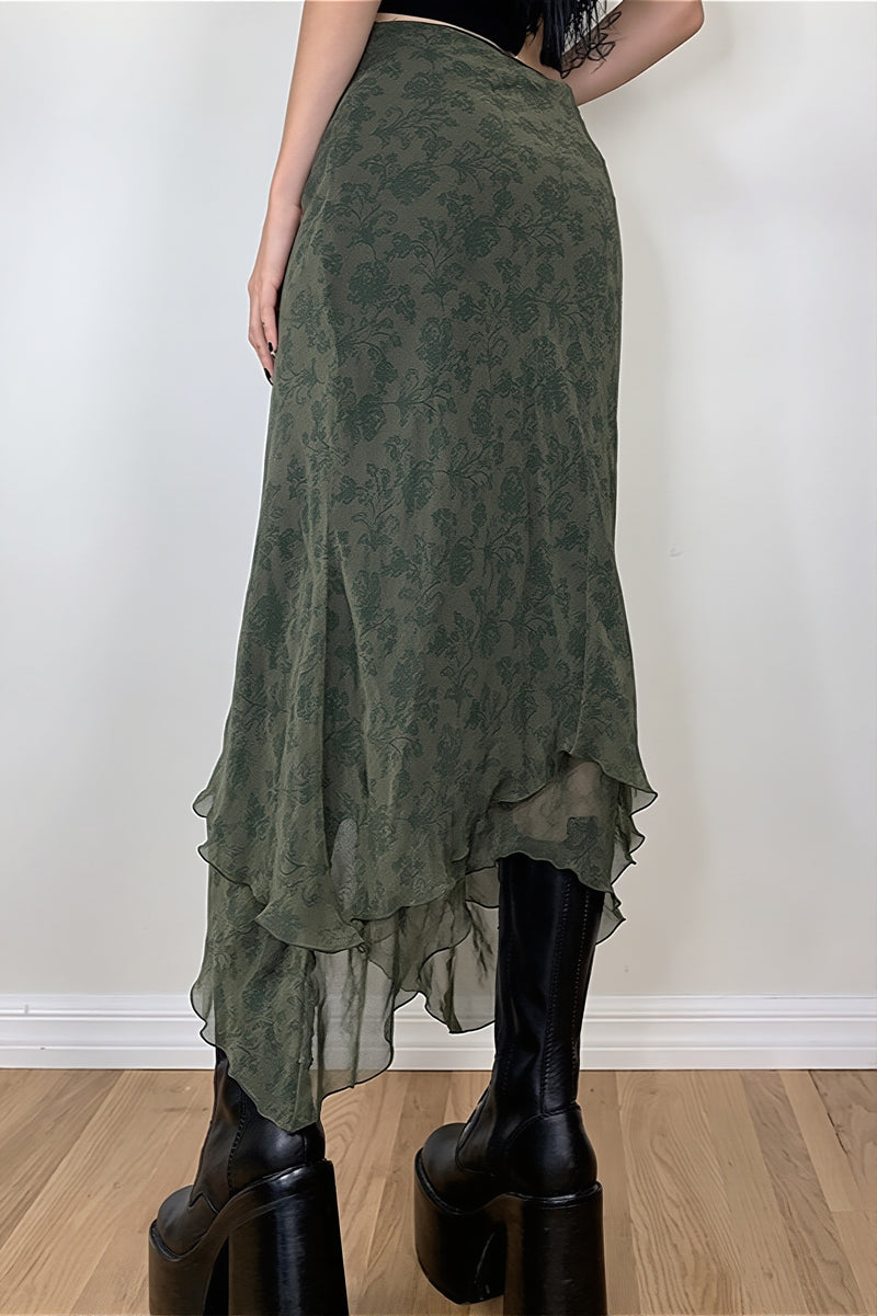 Floral Green Chiffon Irregular Maxi Skirt