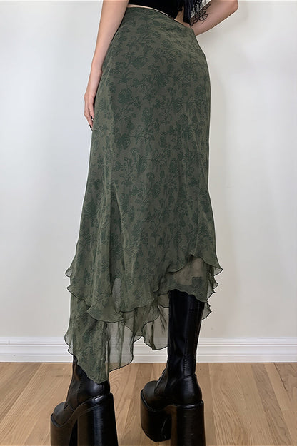 Floral Green Chiffon Irregular Maxi Skirt