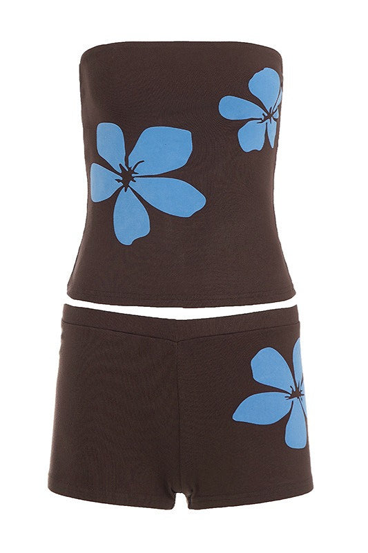 Floral Knit Bandeau Bodycon Two Piece Set