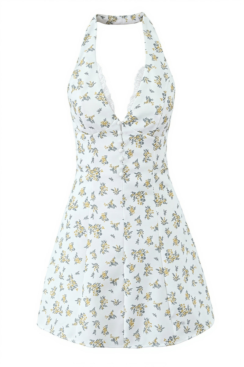 Floral Lace Patchwork Halter V Neck Waist Cinch Mini Dress