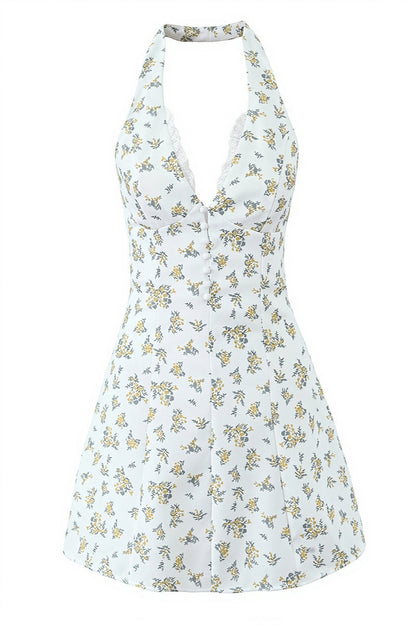 Floral Lace Patchwork Halter V Neck Waist Cinch Mini Dress