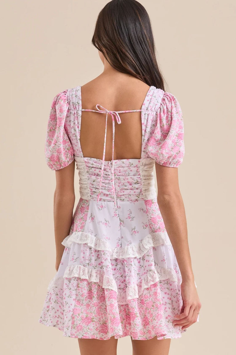 Floral Lace Patchwork V Neck Puff Short Sleeve Mini Dress