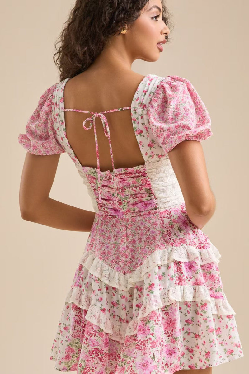 Floral Lace Patchwork V Neck Puff Short Sleeve Mini Dress