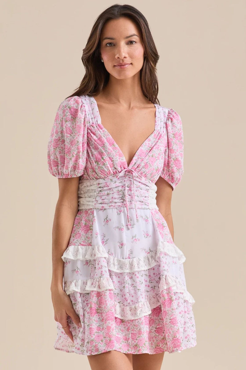 Floral Lace Patchwork V Neck Puff Short Sleeve Mini Dress