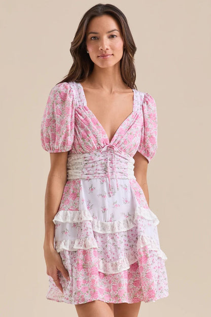Floral Lace Patchwork V Neck Puff Short Sleeve Mini Dress