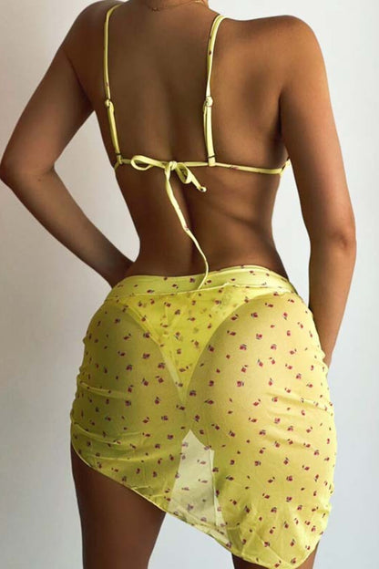 Floral Lace Up Three Piece Swim Set