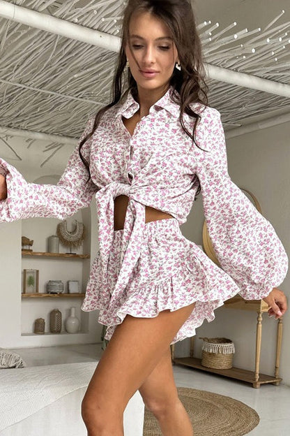 Floral Long Sleeve Lapel Ruffle Shorts Two Piece Set