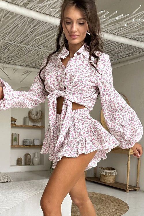 Floral Long Sleeve Lapel Ruffle Shorts Two Piece Set