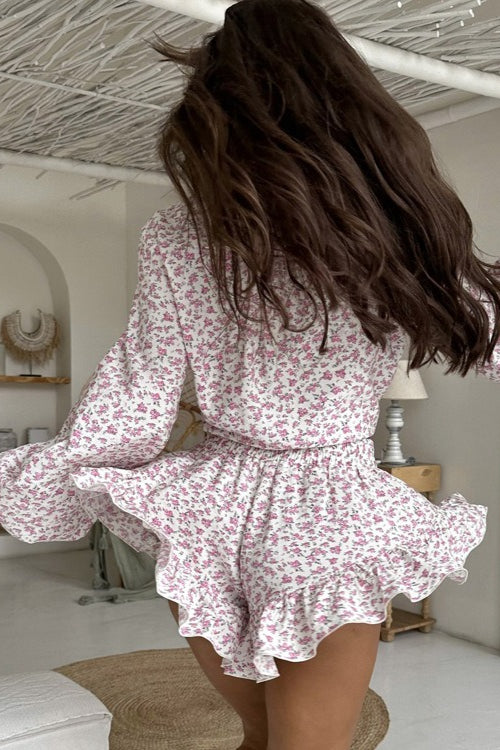 Floral Long Sleeve Lapel Ruffle Shorts Two Piece Set