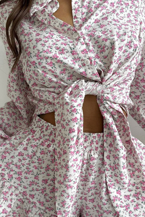 Floral Long Sleeve Lapel Ruffle Shorts Two Piece Set