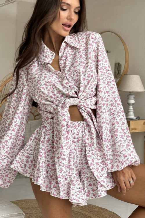 Floral Long Sleeve Lapel Ruffle Shorts Two Piece Set