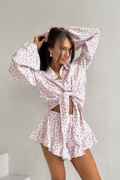 Floral Long Sleeve Lapel Ruffle Shorts Two Piece Set