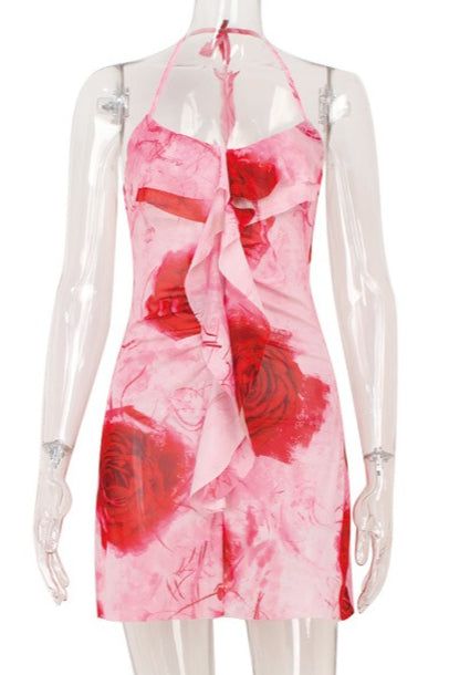 Floral Mesh Backless Ruffle Mini Dress