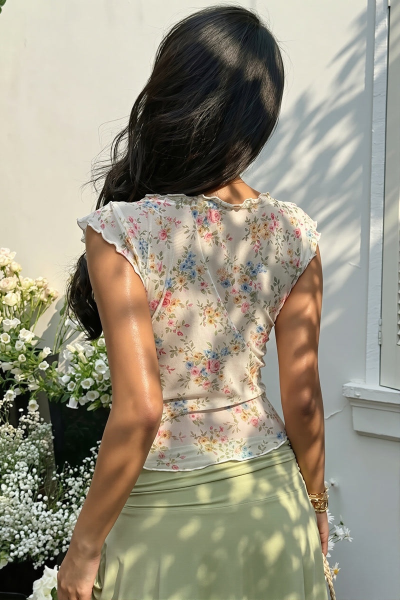 Floral Mesh Lace Trim T-shirt