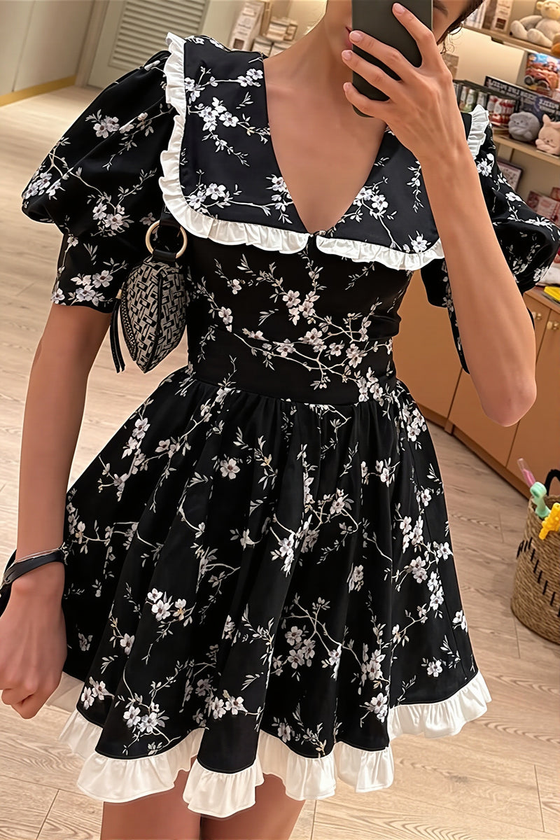 Floral Peter Pan Puff Sleeve Mini Dress