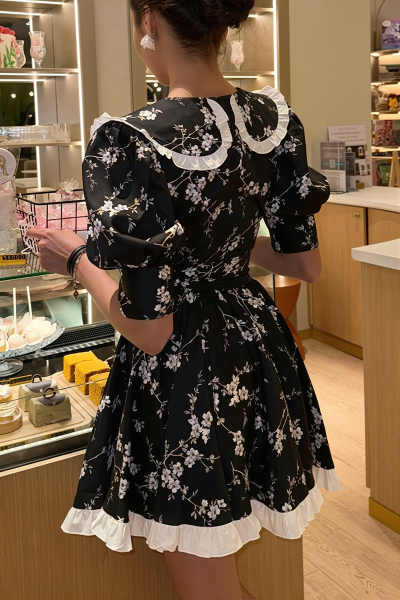 Floral Peter Pan Puff Sleeve Mini Dress