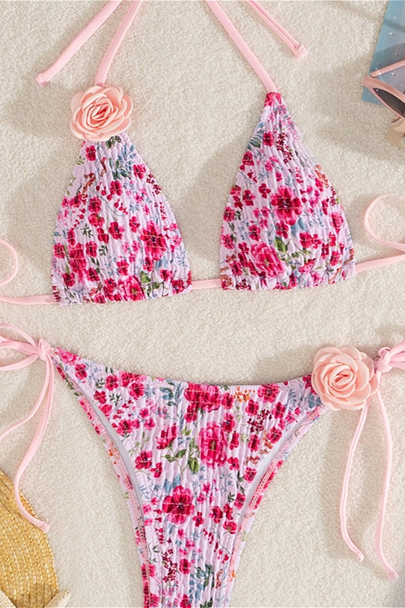 Floral Pink Back Tie Beach Bikini Set