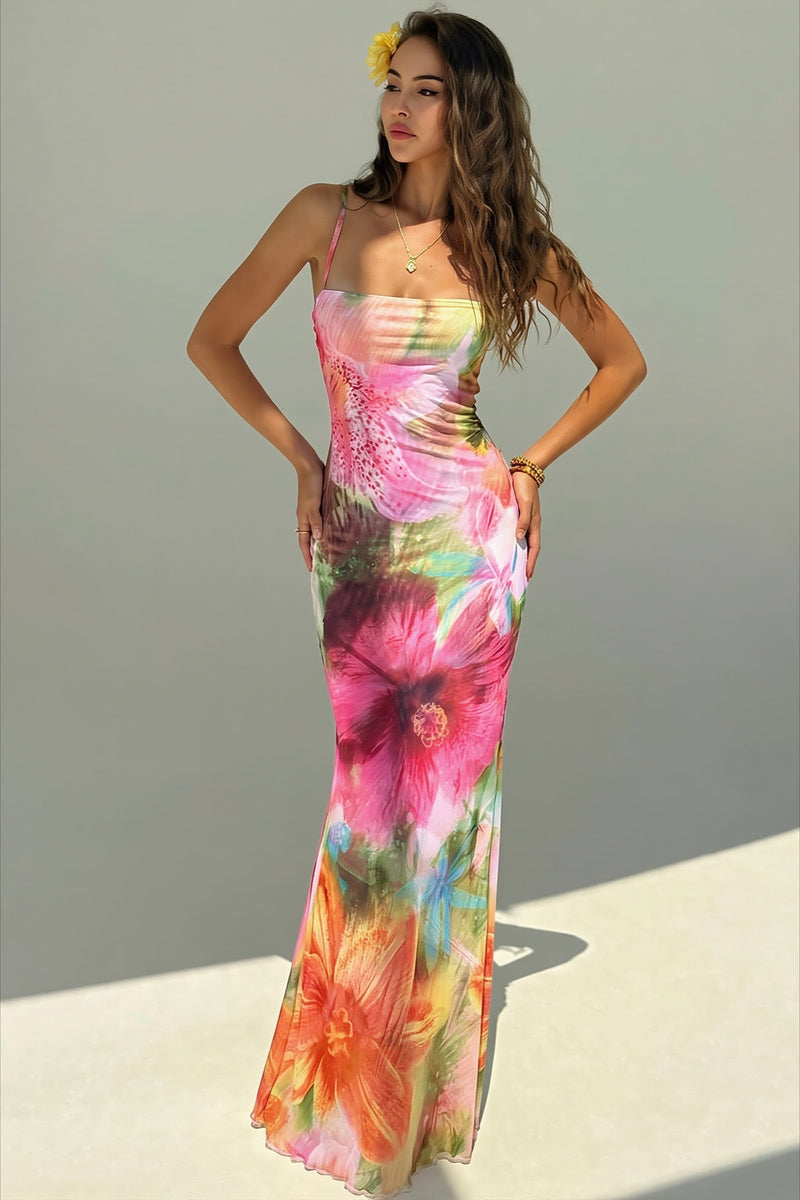 Floral Print Backless Mermaid Hem Cami Vacation Maxi Dress