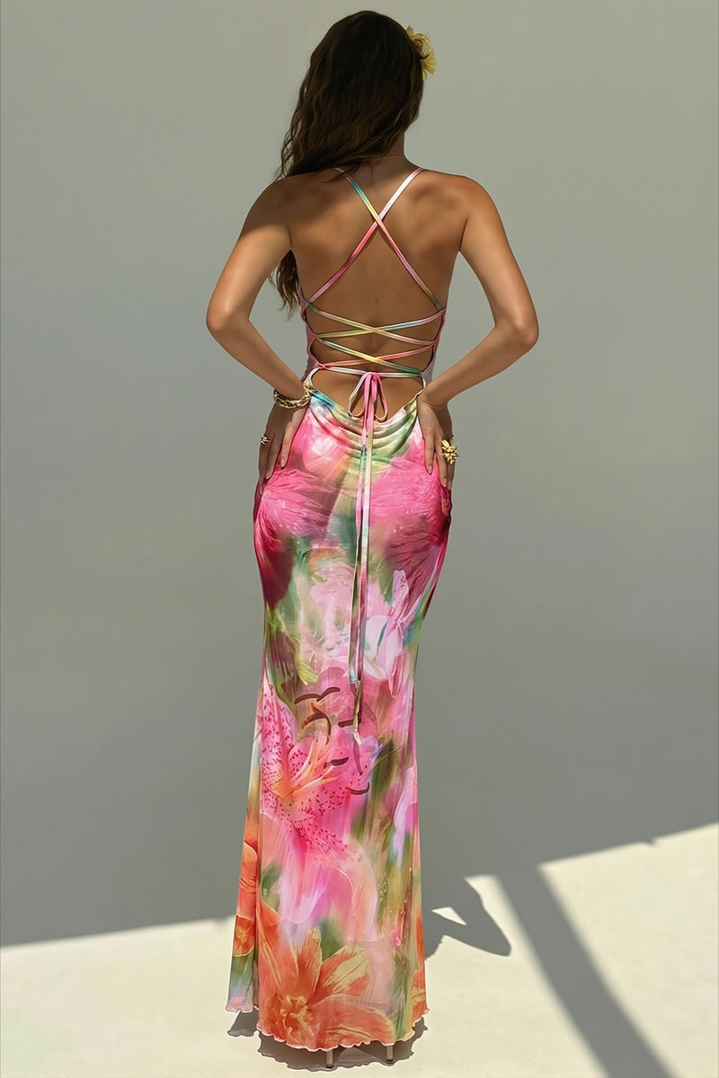 Floral Print Backless Mermaid Hem Cami Vacation Maxi Dress