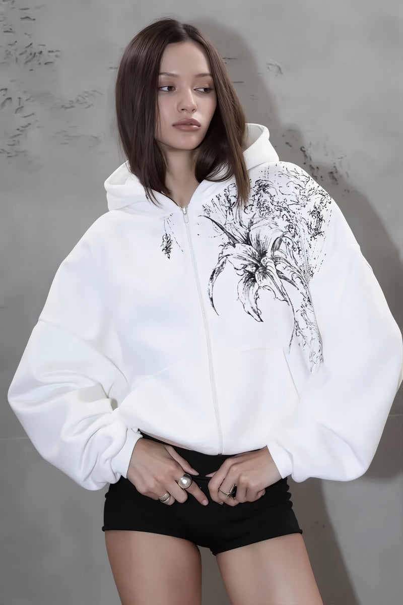 Floral Print Fleece Zip Up Hoodie